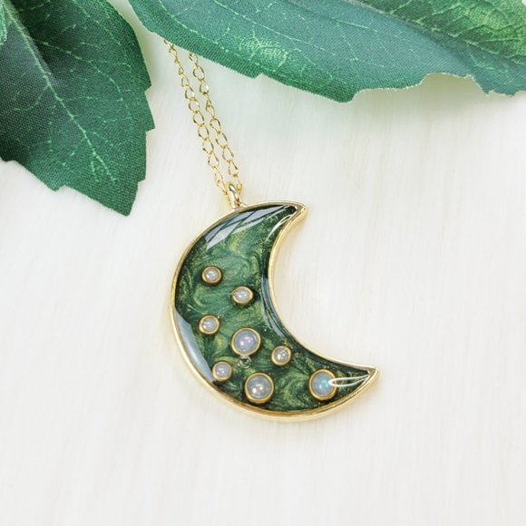 Crescent Moon Pendant Necklace Metallic Forest Green and Gold Handmade Necklace - Picture 1 of 10
